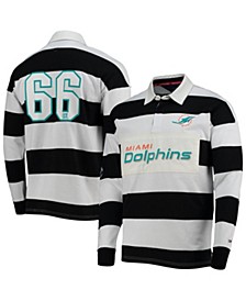 Men's Black, White Miami Dolphins Varsity Stripe Rugby Long Sleeve Polo Shirt