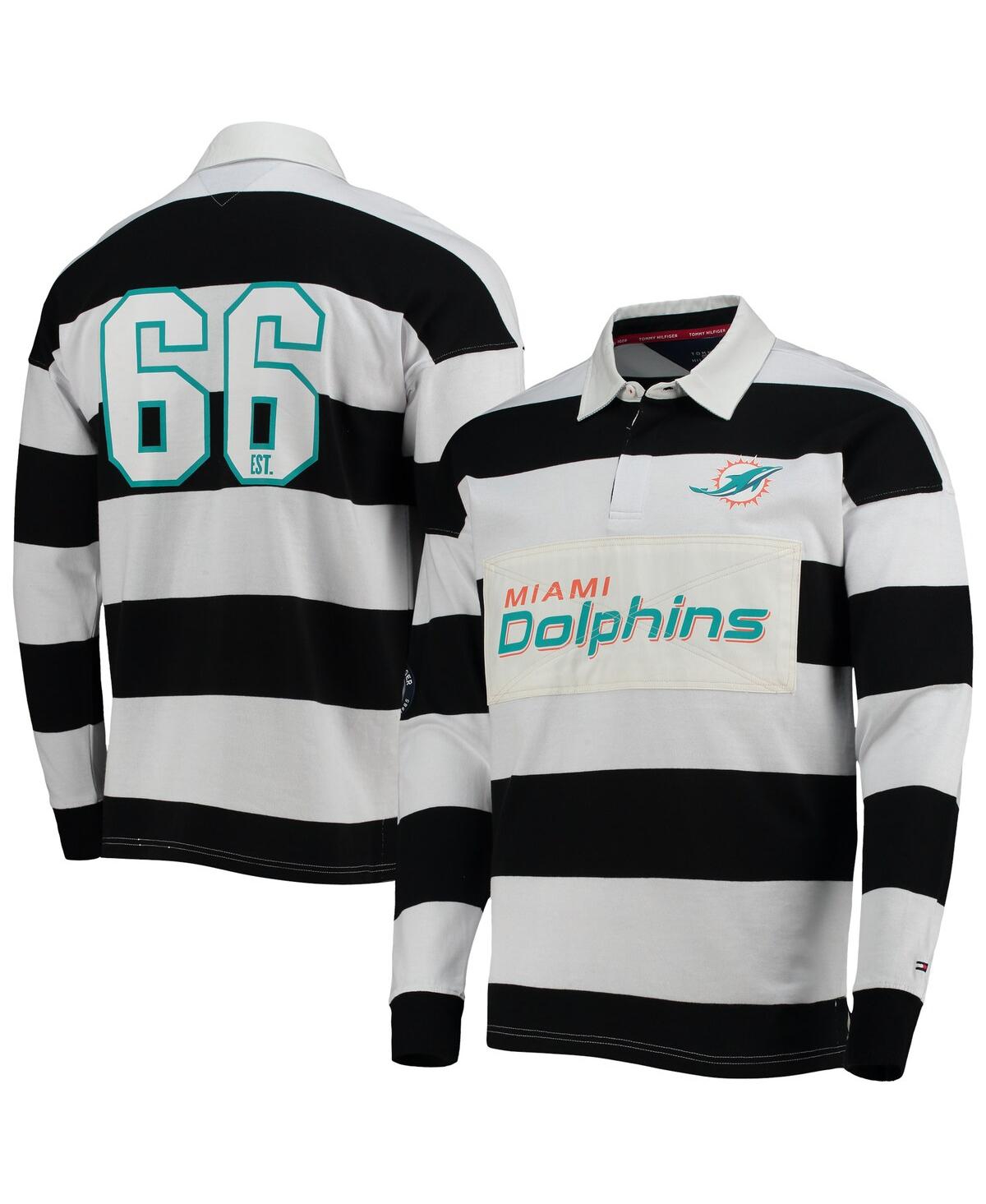 Men's Tommy Hilfiger Black, White Miami Dolphins Varsity Stripe Rugby Long Sleeve Polo Shirt