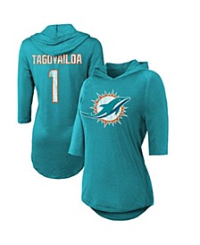 Women's Threads Tua Tagovailoa Aqua Miami Dolphins Hi-Lo Name & Number 3/4 Sleeve Pullover Hoodie