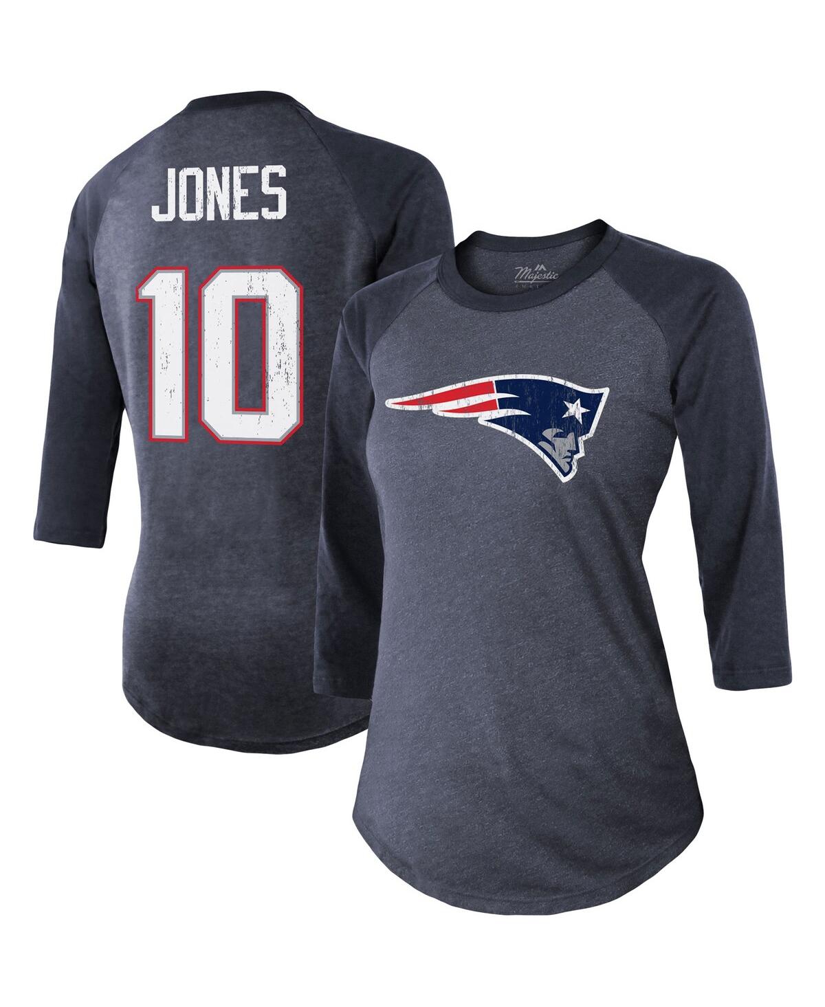 Women's Majestic Threads Mac Jones Navy New England Patriots Player Name and Number Raglan Tri-Blend 3/4-Sleeve T-shirt - Navy
