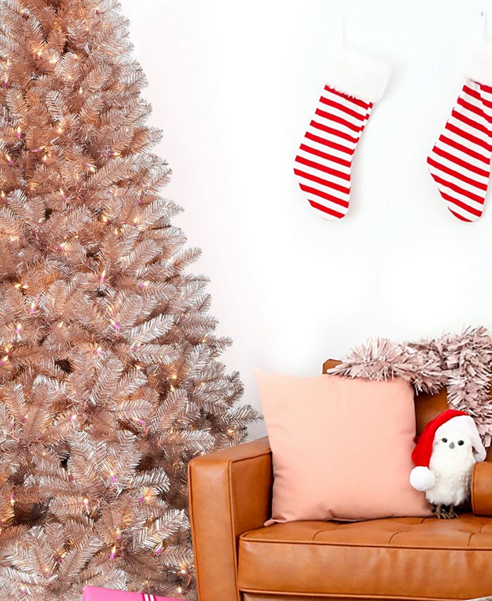 Perfect Holiday Prelit Rose GoldTone Oregon Fir Tinsel Tree Instant