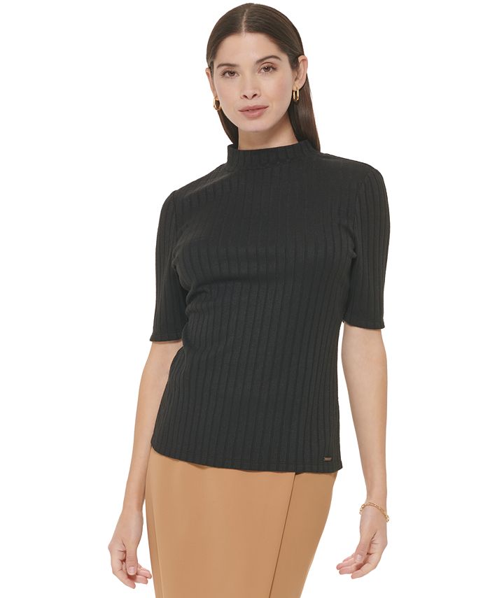 Calvin Klein Women's Short Sleeve Ribbed Mock Neck Top Macy's