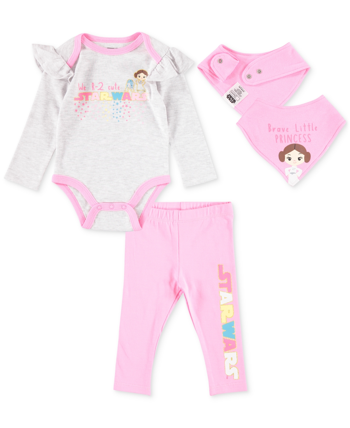 Happy Threads Baby Girls Star Wars Bodysuit, Pant And Bib, 3 Piece Set In Pink/white Combo