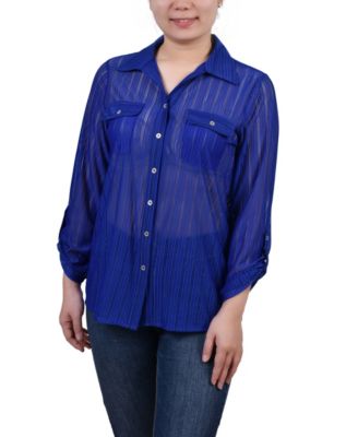 Petite Long Roll Tab Sleeve Burnout Knit Top