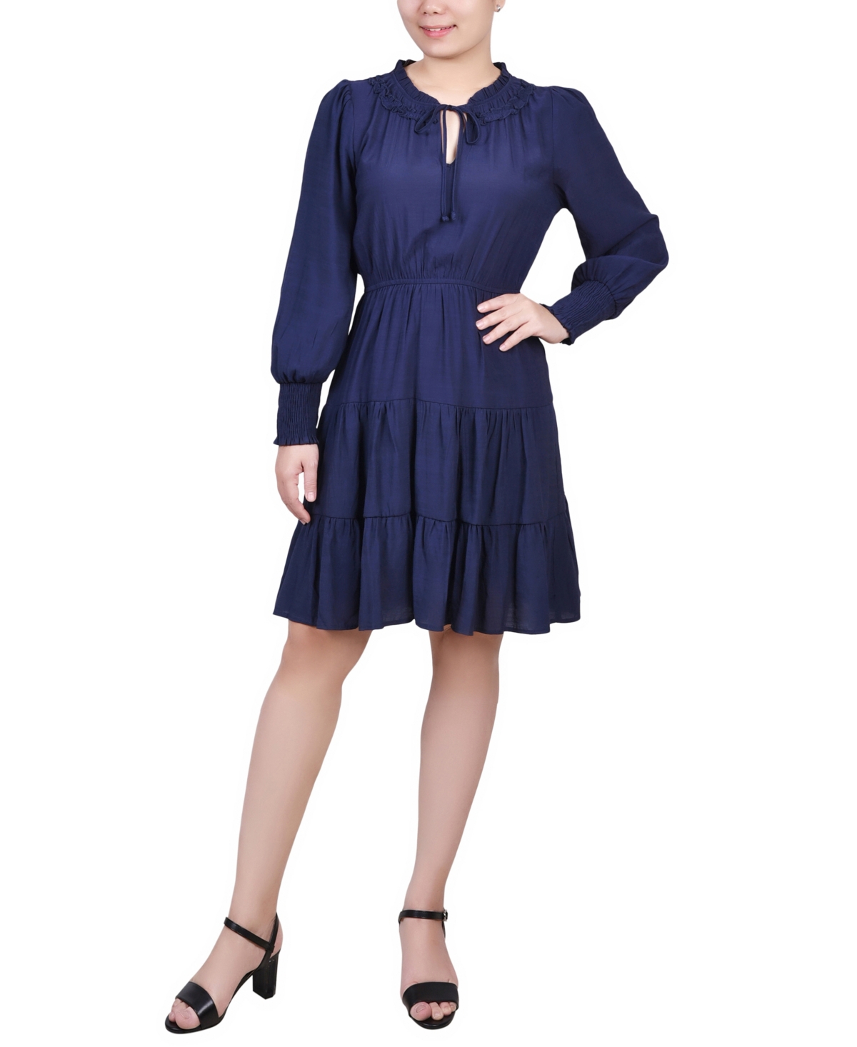 Petite Long Sleeve Tiered Dress with Ruffled Neck - Navy