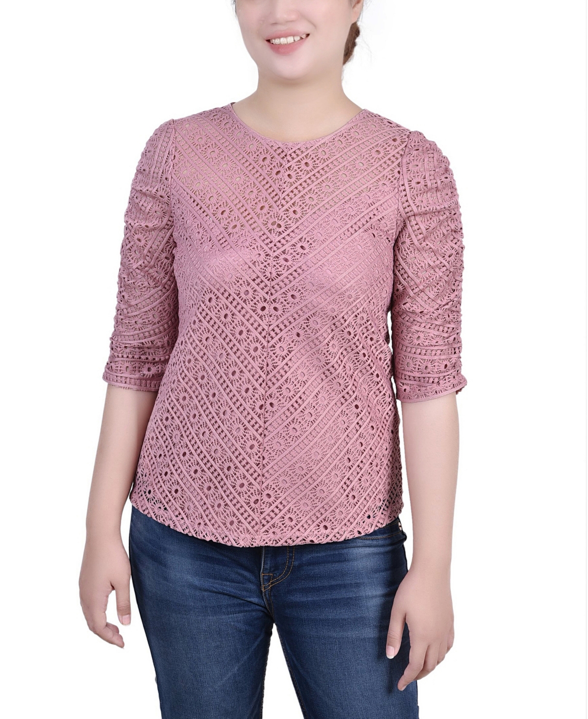 Petite Rouched Sleeve Lace Top - Lilas