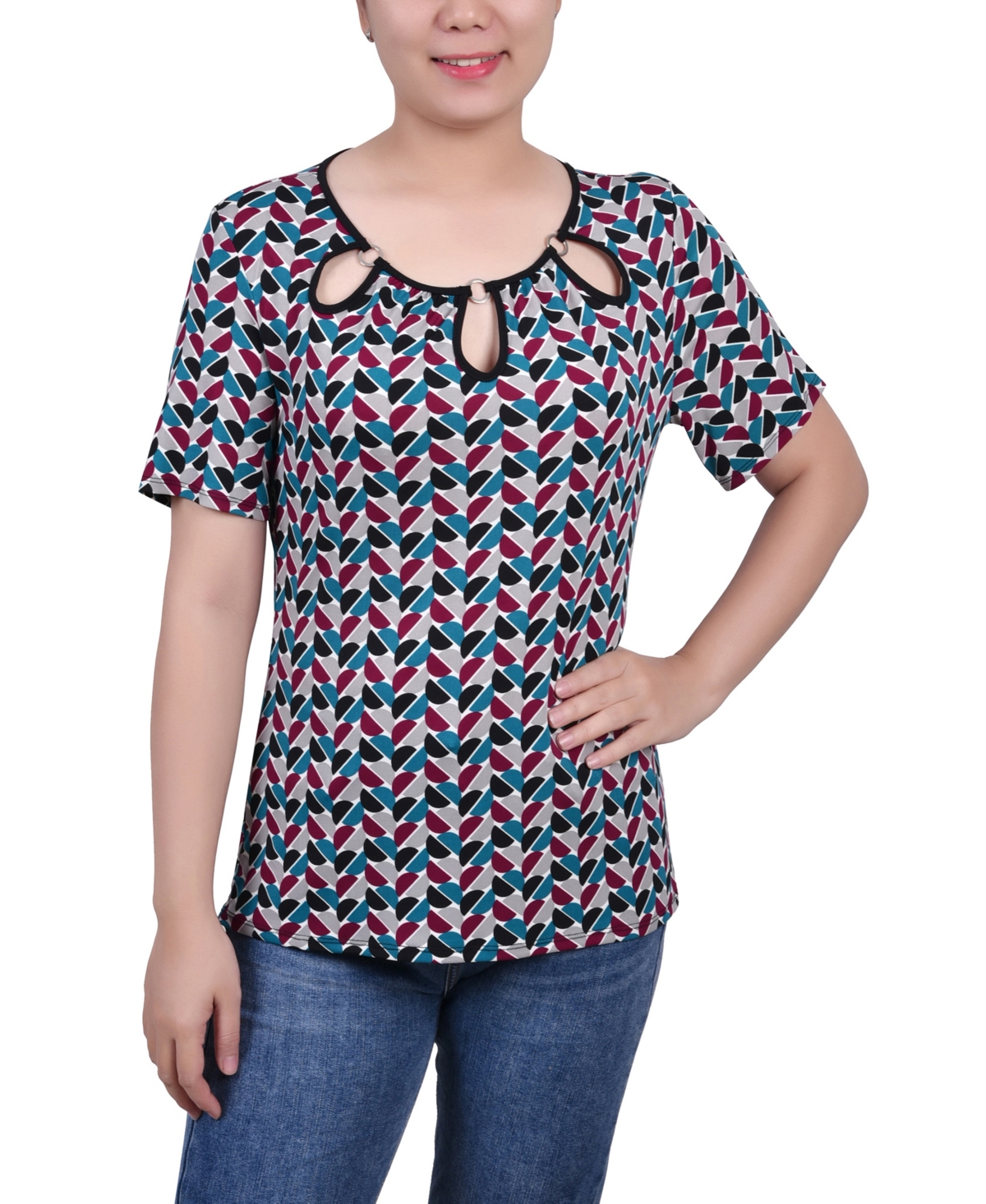 Petite Short Sleeve with Ring Details Top - Circles and Diamonds
