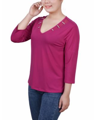 Petite 3/4 Sleeve Top with Illusion Neckline and Stones