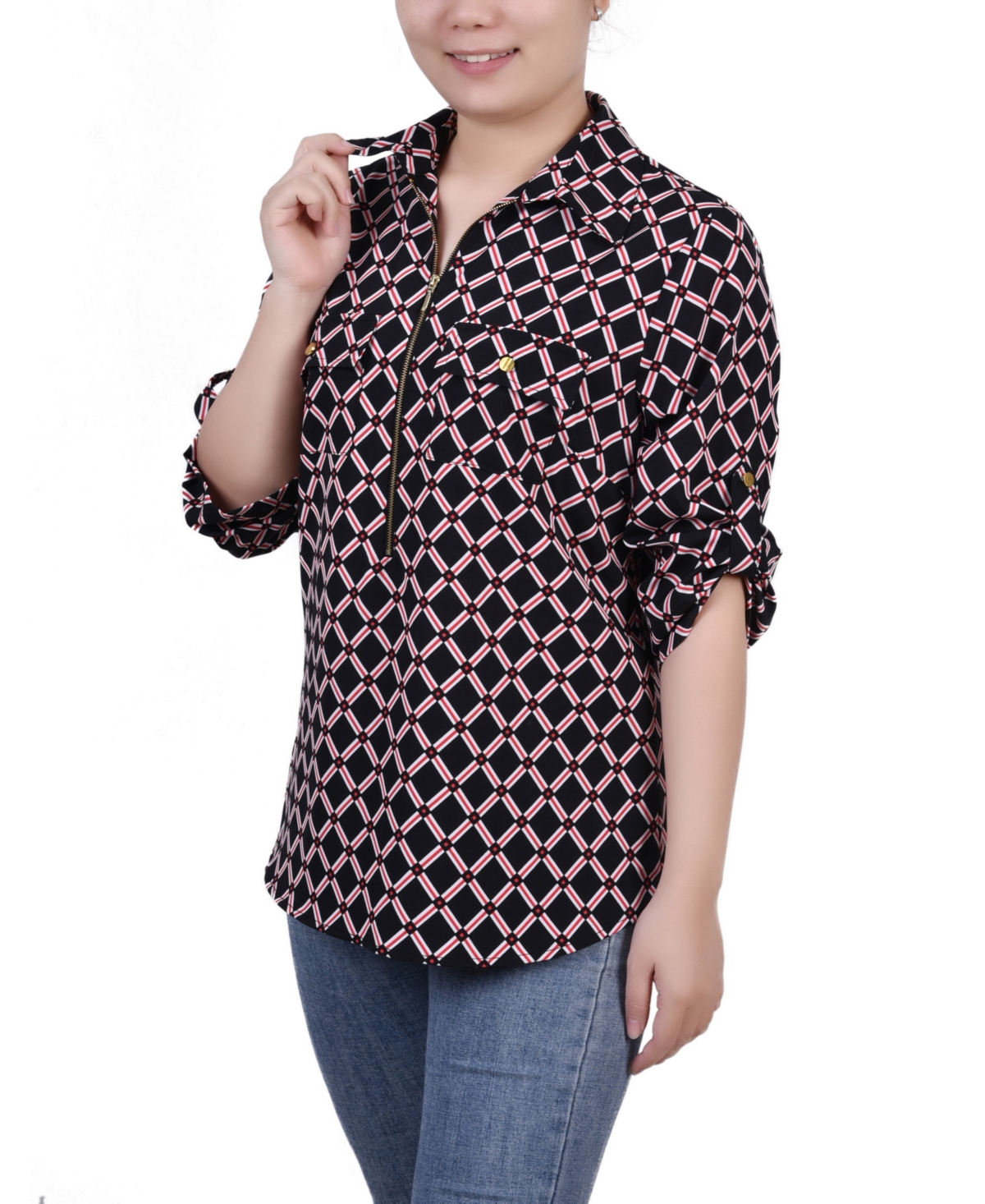 Ny Collection Petite 3/4 Roll Tab Sleeve Zip Front Top - Red Chain
