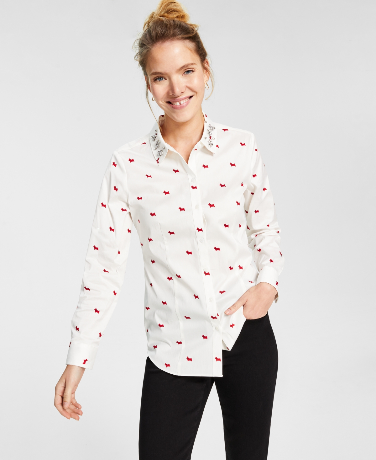 Charter Club Women's Dog-Print Embellished-Collar Shirt, Created for Macy's