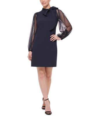 Vince Camuto - Petite Tie-Neck Flocked Mesh-Sleeve Dress