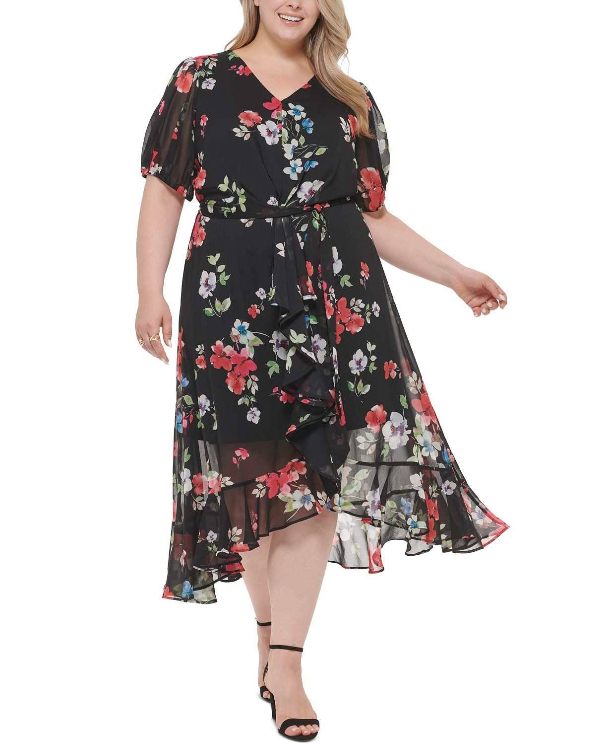 Plus Size Puff-Sleeve Ruffled Floral Chiffon Dress