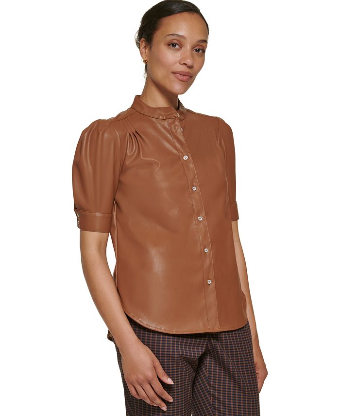 DKNY Faux Leather Puff Sleeve Button Front Blouse Macy's