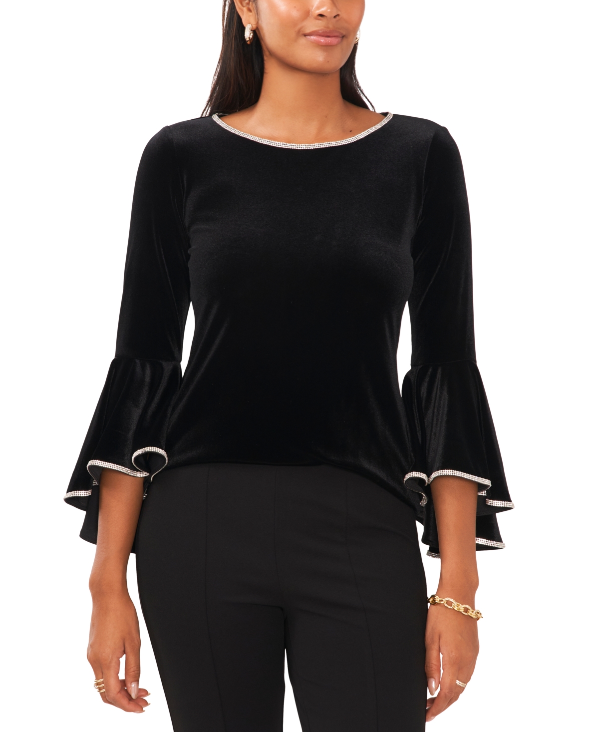 Msk Women's Embellished Velvet Ruffled Bellsleeve Top In Black ModeSens