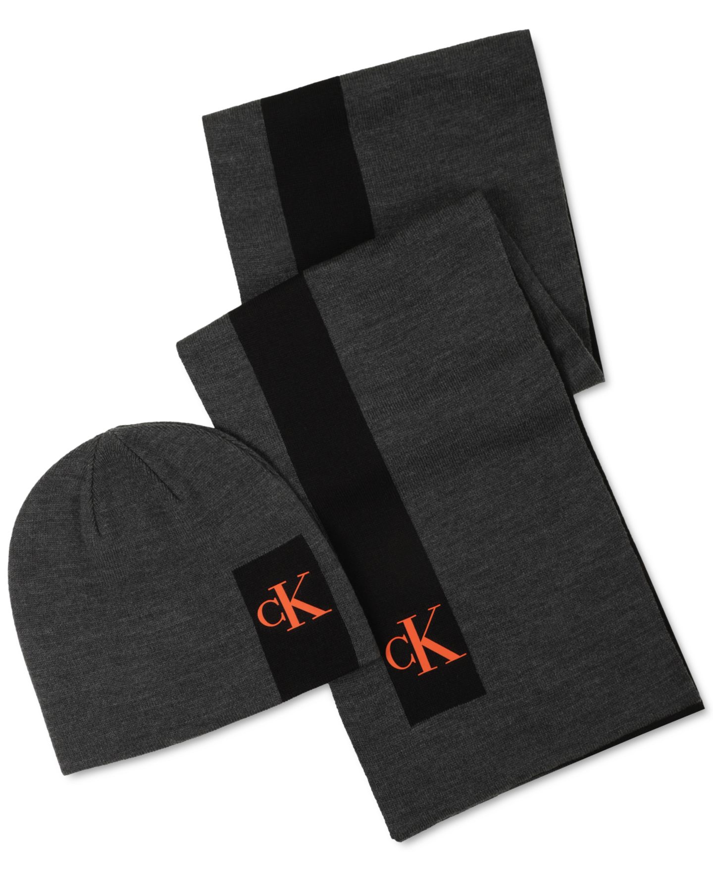 Мужские комплекты Calvin Klein Silicone CK Monogram Logo Scarf & Beanie Hat Set, цвет: Графитовый меланжевый — фото 1