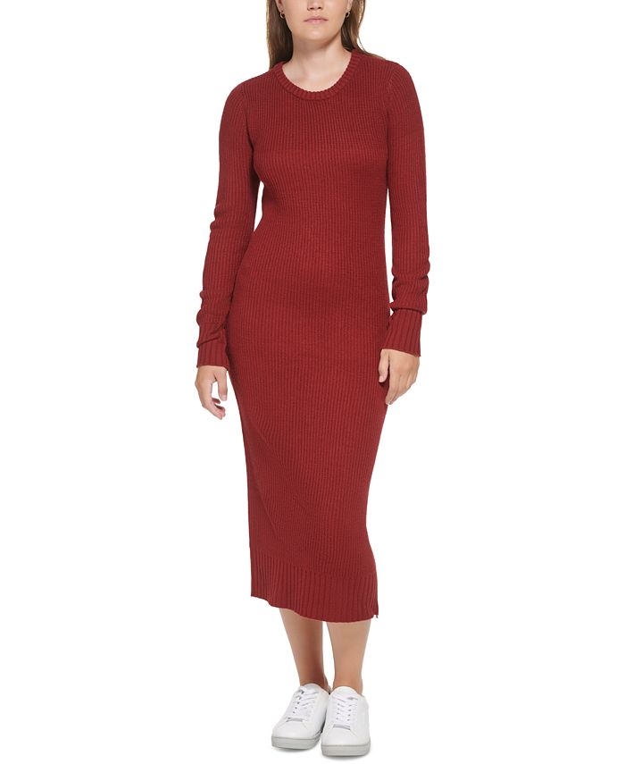Calvin Klein Jeans Women\'s Ribbed Long Sleeve Crewneck Side Slit Dress -  Macy\'s