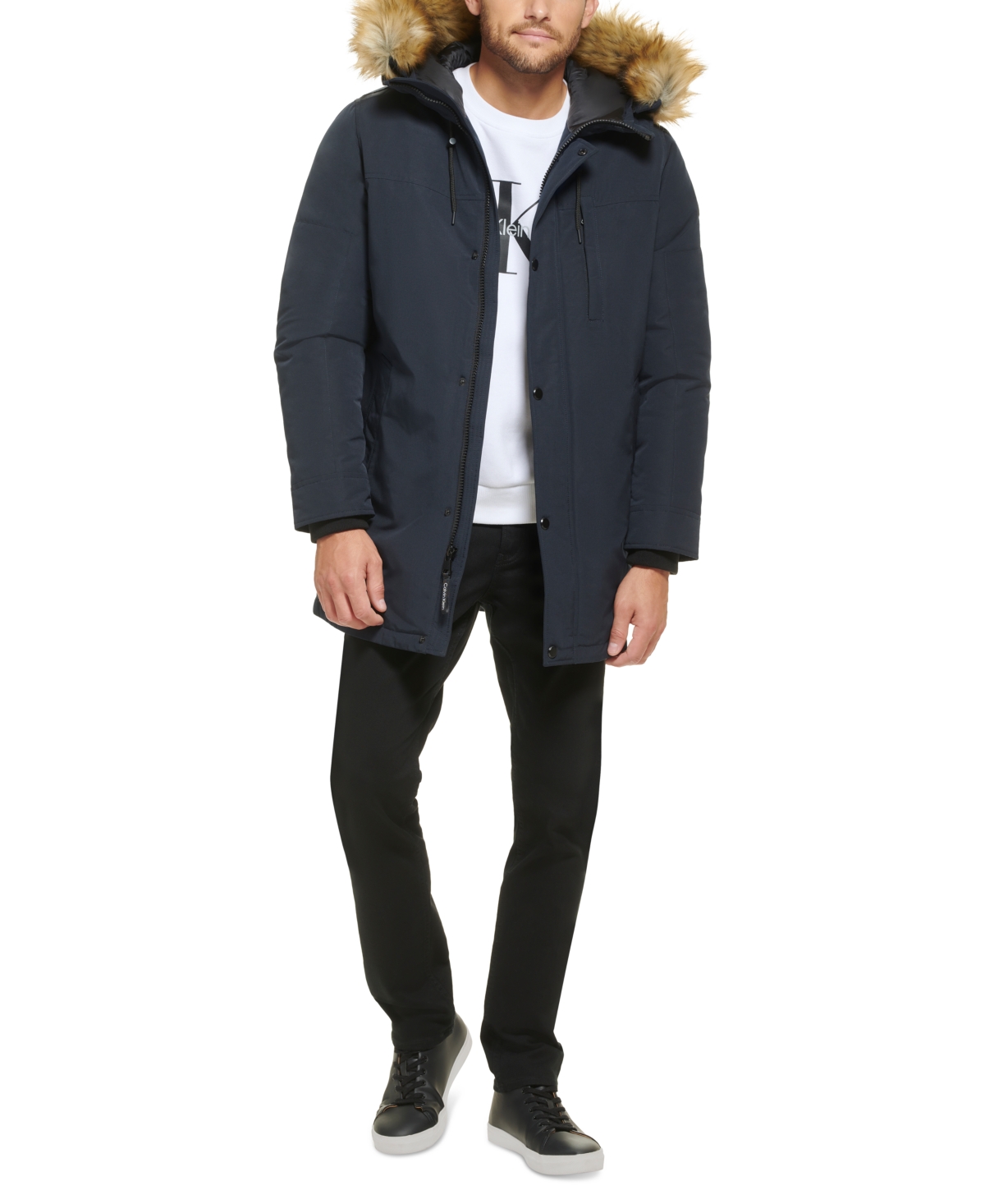 Calvin Klein Men's Long Parka with Faux-Fur Lined Hood