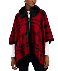 Faux-Fur Collar Zip-Front Sweater Poncho Regular & Petite