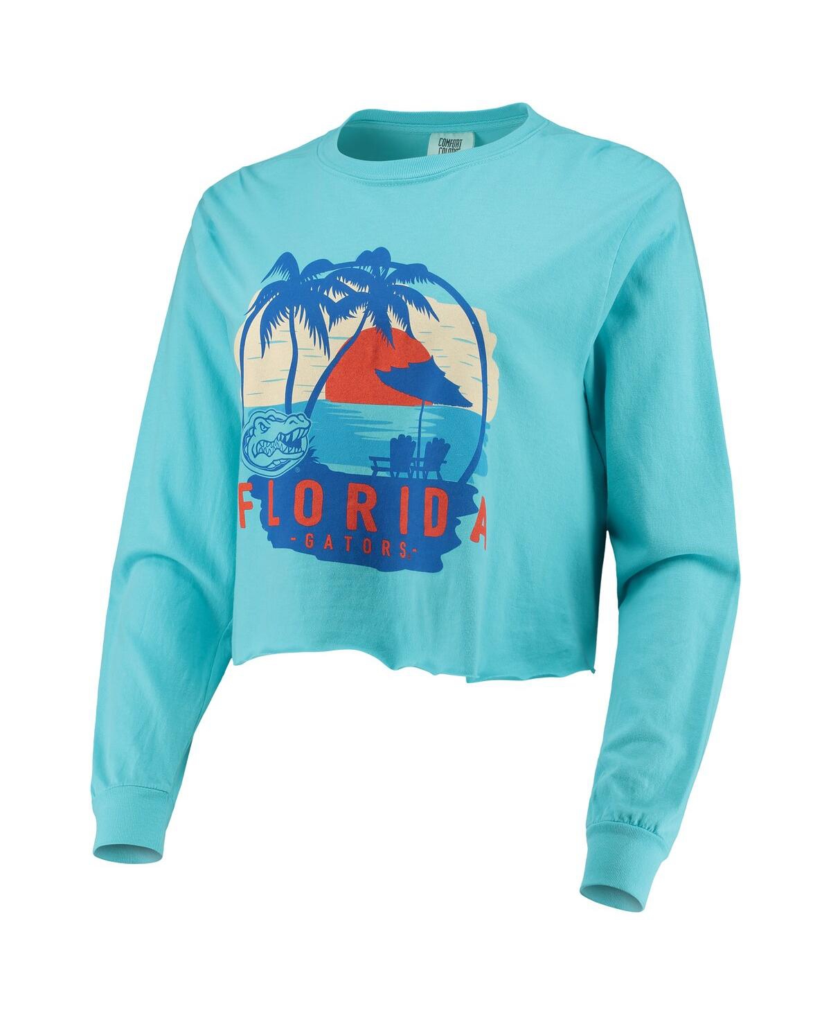 Women'sFlorida Gators Palm Trees Sunset Long Sleeve Crop Top - Teal