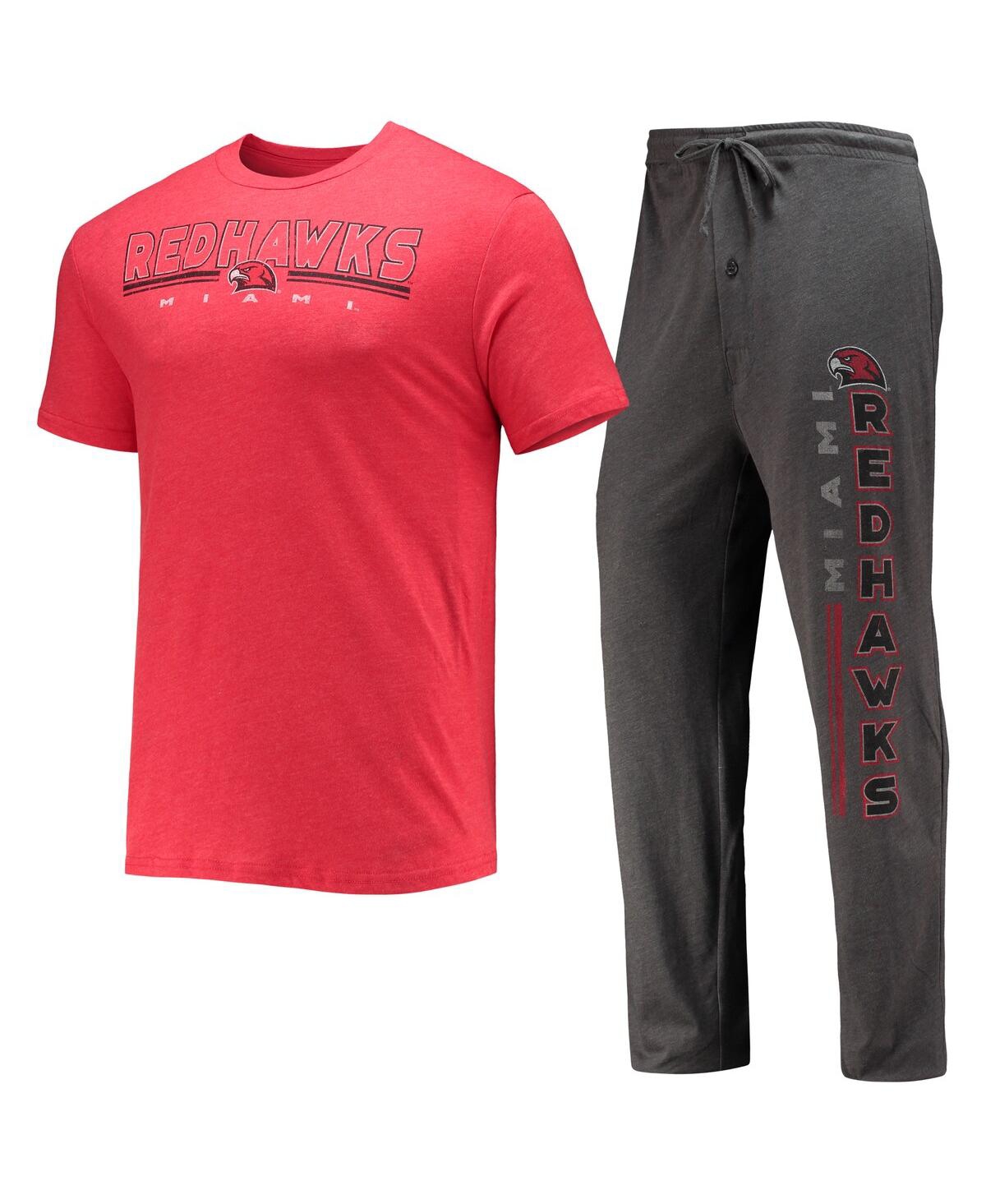 Concepts Sport Men's  Heathered Charcoal, Red Miami University Redhawks Meter T-shirt And Pants Sleep In Heathered Charcoal,red