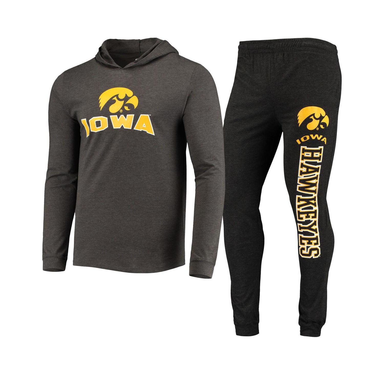Men's Black, Charcoal Iowa Hawkeyes Meter Long Sleeve Hoodie T-shirt and Jogger Pants Sleep Set