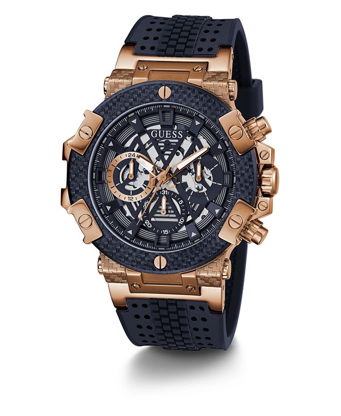 GUESS Men's Rose Gold-Tone Navy Genuine Leather, Silicone Strap, Multi ...