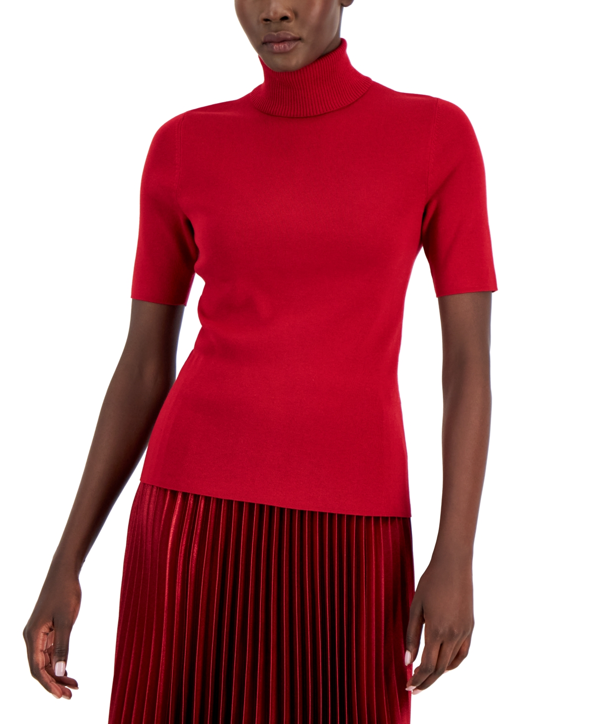 Anne Klein Petite Elbow-sleeve Turtleneck Sweater In Titian Red
