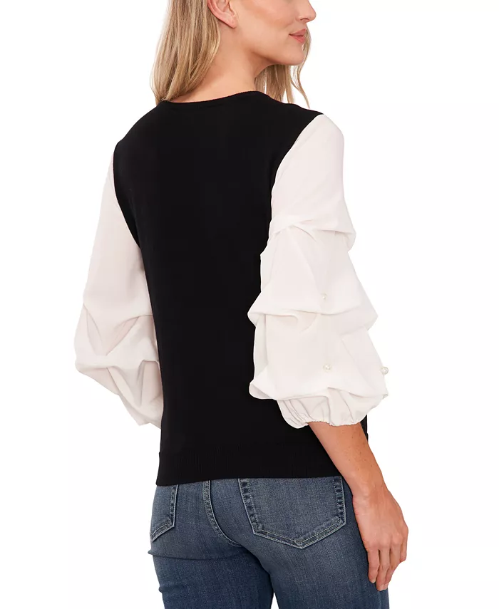 Women's Ruffled Imitation Pearl-Detail Lantern Sleeve Sweater - thumbnail 2