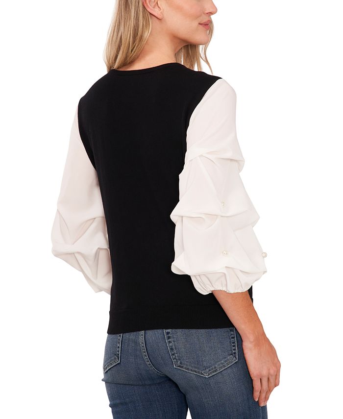 CeCe Women's Ruffled Imitation Pearl-Detail Lantern Sleeve Sweater - Macy's