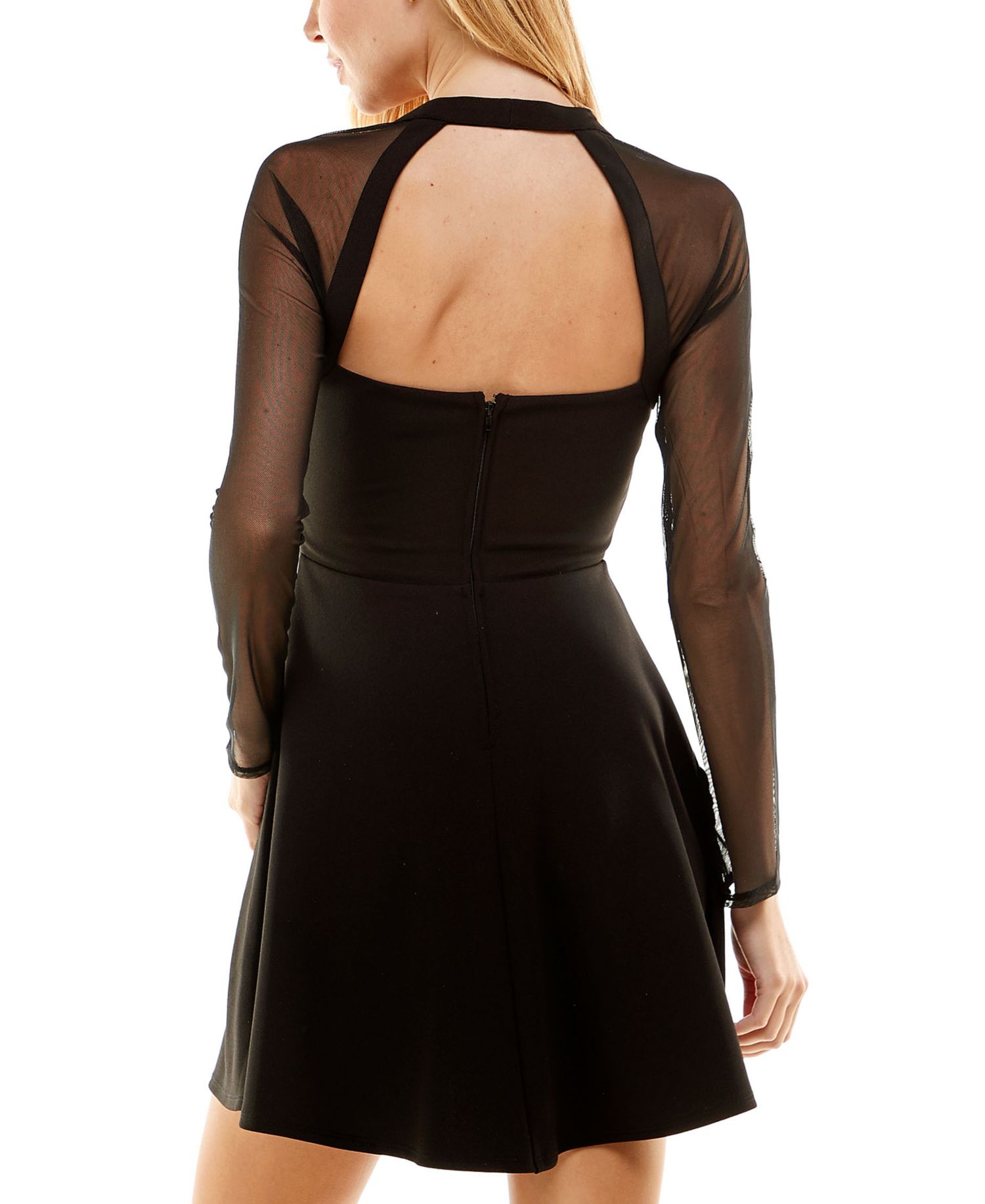 Juniors' Sheer-Long-Sleeve Skater Dress