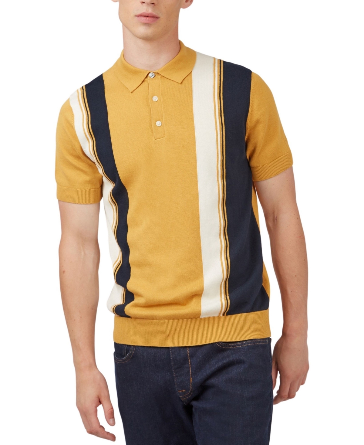 Shop Ben Sherman Men's Knitted Vertically-striped Short-sleeve Embroidered Polo Shirt In Sunflower