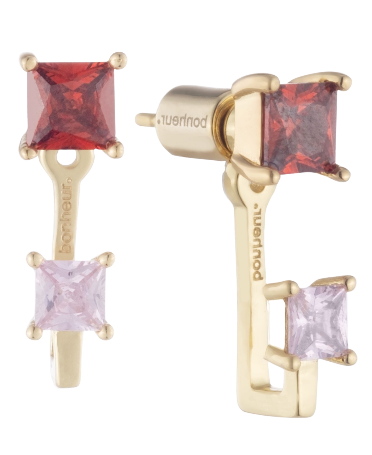 Bonheur Jewelry Rachelle Stud Pink Red Earrings With Ear Jackets In Karat Gold Plated Brass