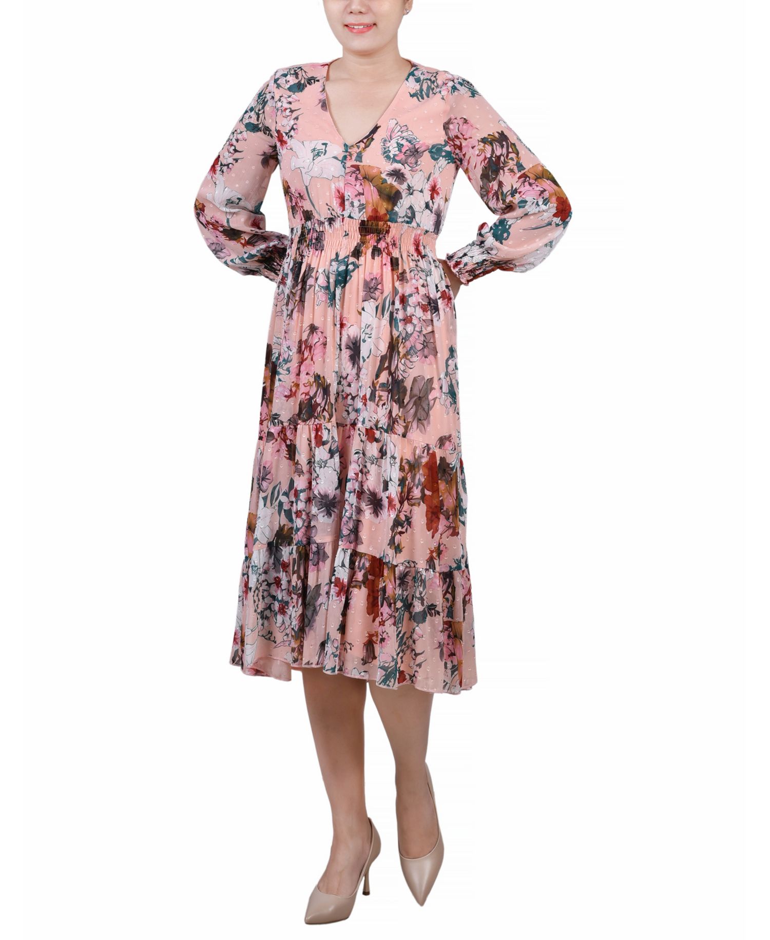 Women's Long-Sleeve Clip Dot Chiffon Dress with Smocked Waist and Cuffs Dress