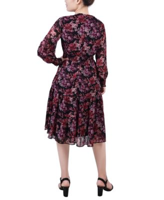Women's Long Sleeve Clip Dot Chiffon Dress with Smocked Waist and Cuffs Dress