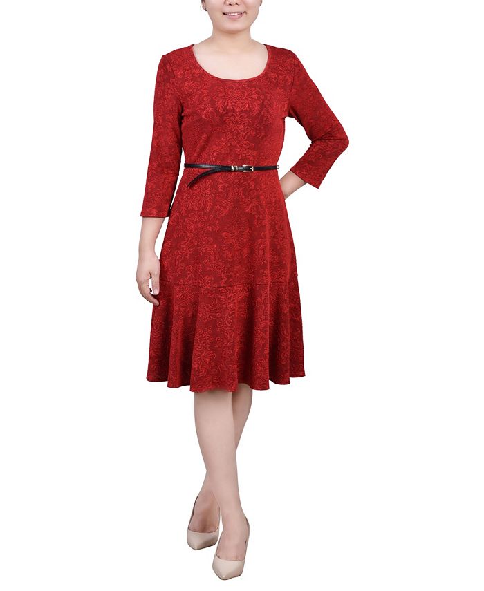 NY Collection Women's 3/4 Sleeve Jacquard Ponte Belted Dress - Macy's