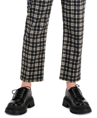 Vanilla Star Women's Plaid Cinched-Waist Mom Jeans