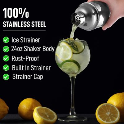 Cocktail Shaker with Built-in Strainer For Bartending & Homebars (24oz) - Silver