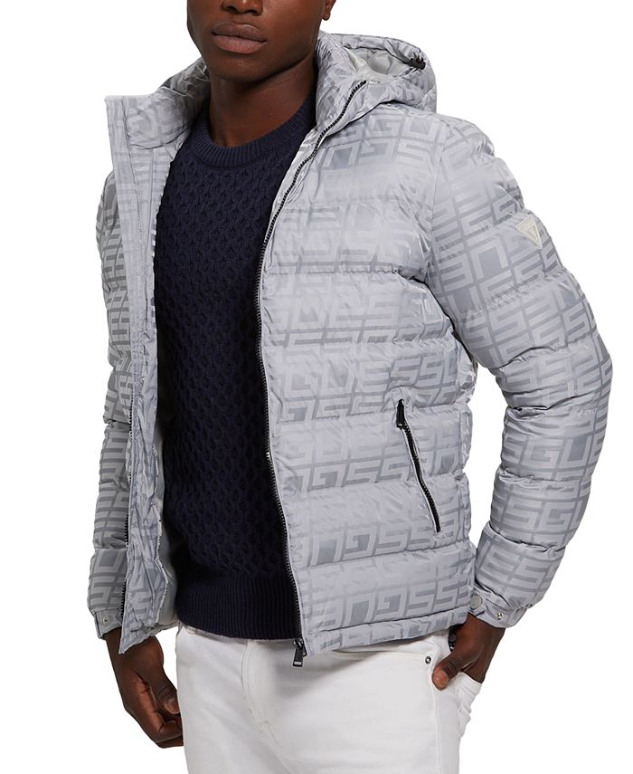 Men's Allover Hooded Logo Puffer Zipper-Front Jacket