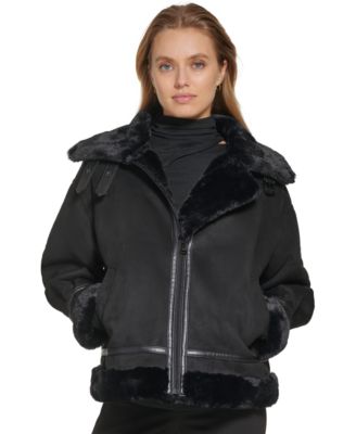 DKNY Women's Faux-Suede Faux-Fur Trim Zip-Front Coat Macy's