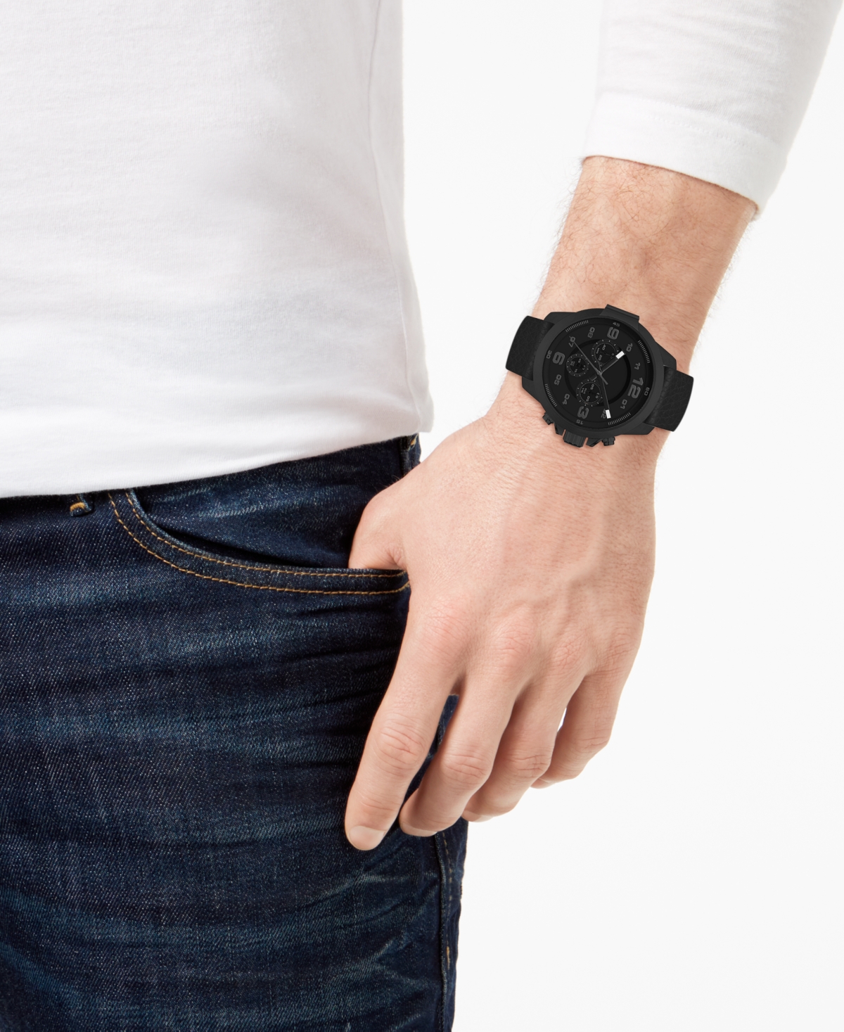Men's Black Faux Leather Strap Watch 50mm Gift Set - Black