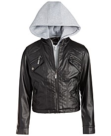 Big Girls Layered-Look Faux-leather Moto Jacket with Faux-Fur lining & Removable Hooded Bib 