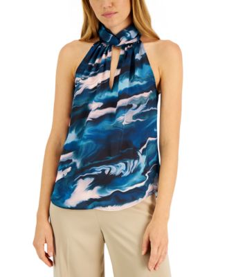 Anne Klein - Women's Satin Printed Twist-Neck Halter Top