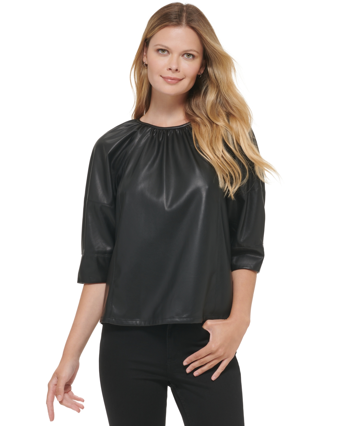Calvin Klein Women's Faux Leather Puff Sleeve Top