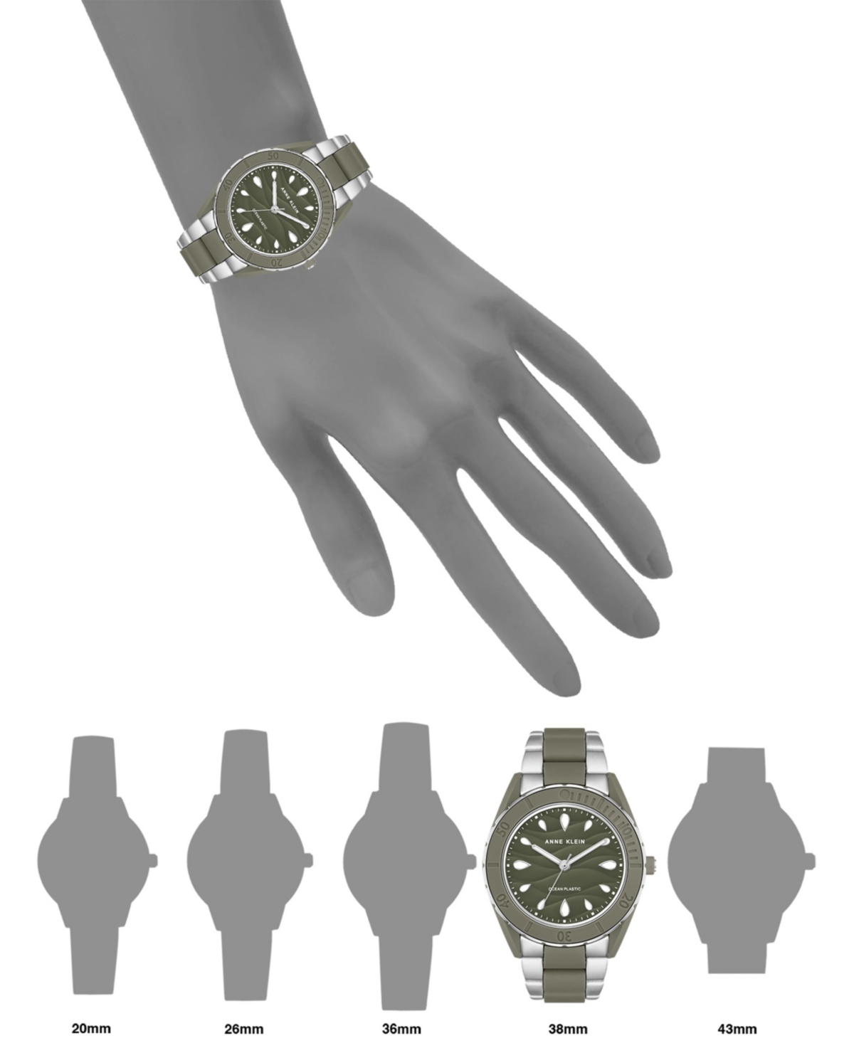 Anne Klein Women's Three-Hand Quartz Silver-Tone and Olive Green Solar Oceanwork Plastic Bracelet Watch, 38.5mm - Silver-Tone, Olive Green