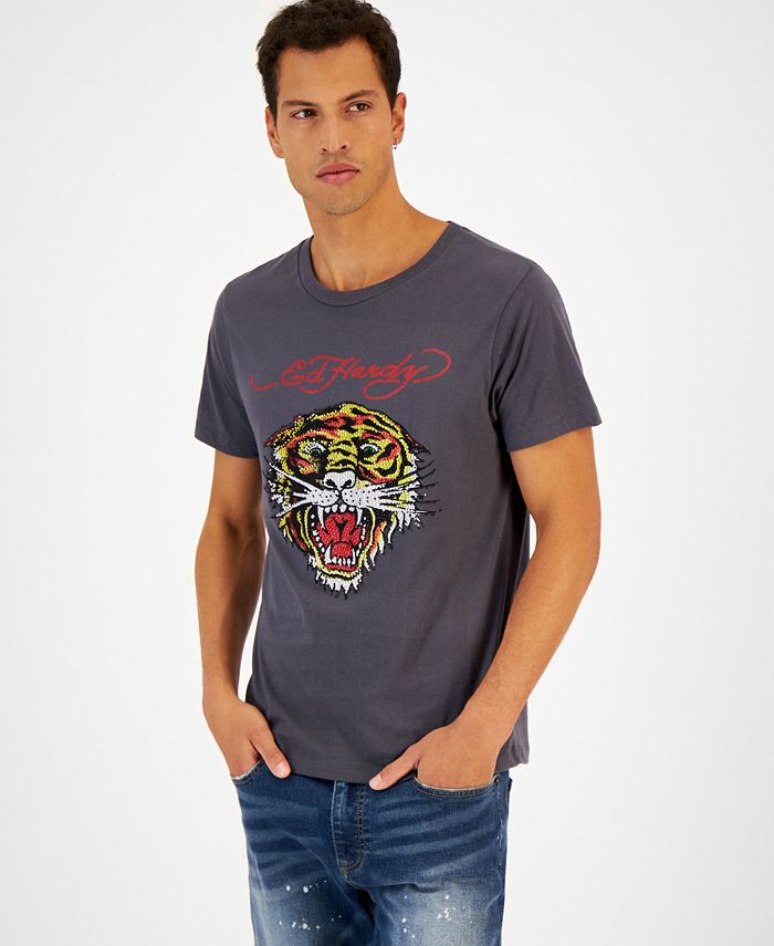 Ed Hardy Men's Rhinestone Tiger Graphic Crewneck Short-Sleeve T-Shirt ...