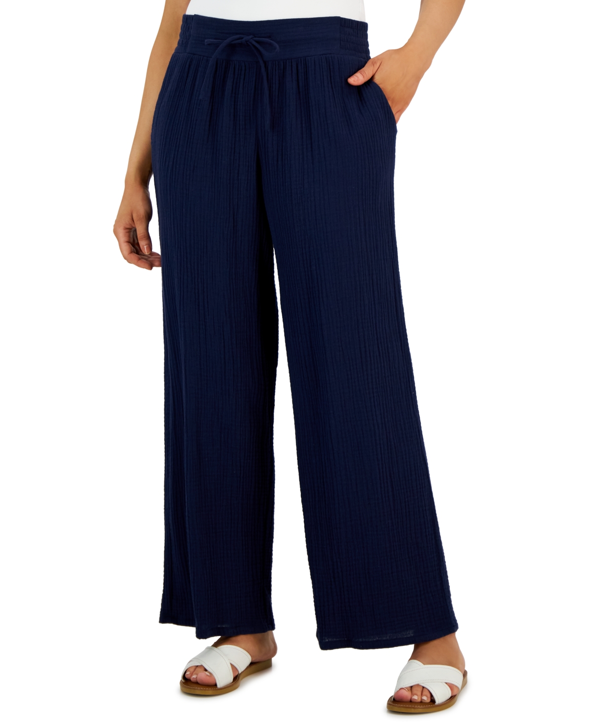 Jm Collection Petite Cotton Gauze Wide-leg Pants, Created For Macy's In Intrepid Blue