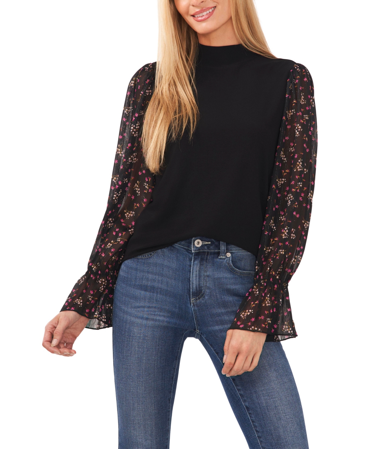 Cece Floral Sleeve Mock Neck Knit Top In Rich Black Pink Floral