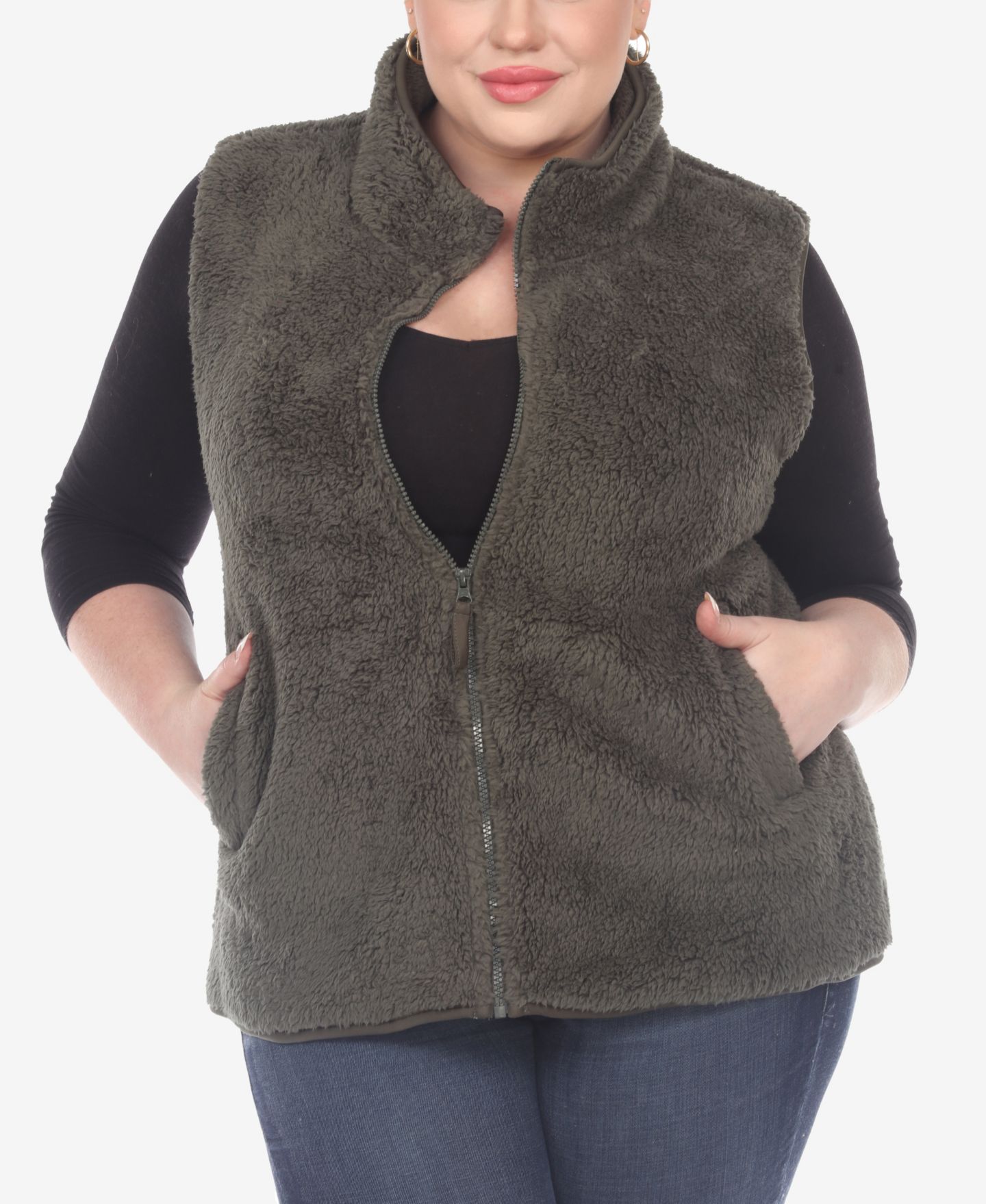 Женская куртка White Mark Plus Size Zip Up Sherpa Vest, цвет: Армейский зелёный — фото 1