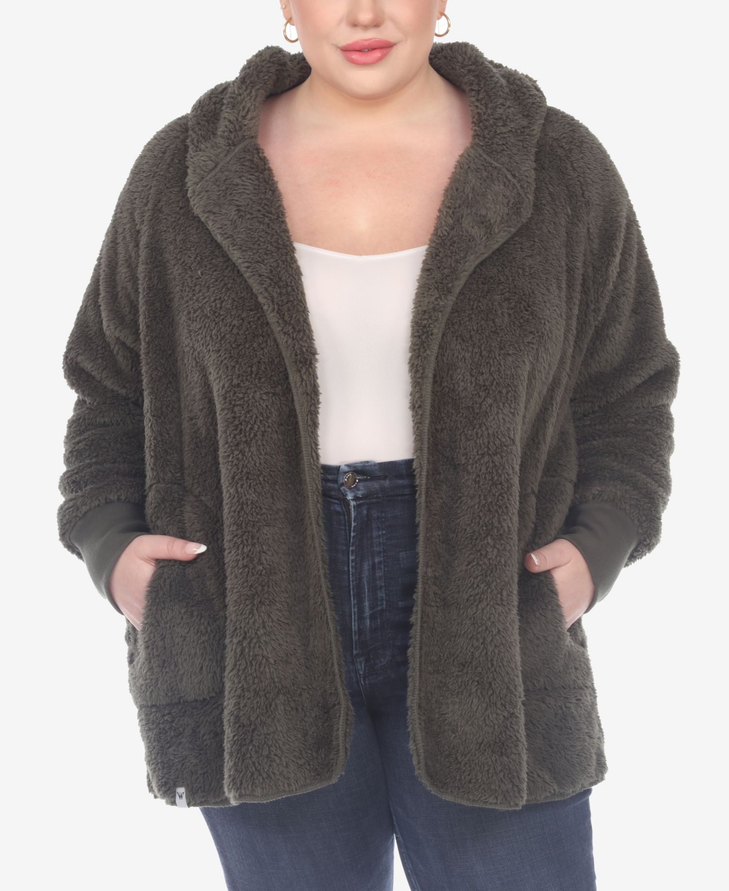 Plus Size Plush Hooded Cardigan Jacket with Pockets