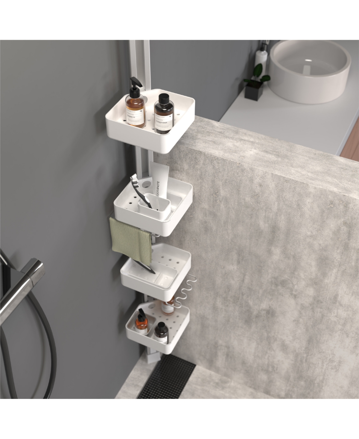 Sharper Image Spastudio Hook Modular Shower Caddy Adjustable 4 Tier Design With Customizable Fit And Storage In White